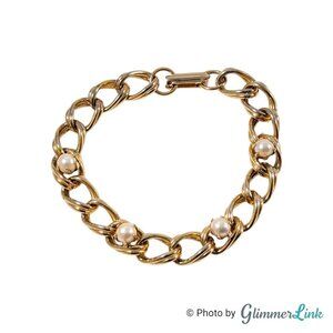 Vintage Curb Link White Faux Pearl Mid Century Gold Tone Bracelet